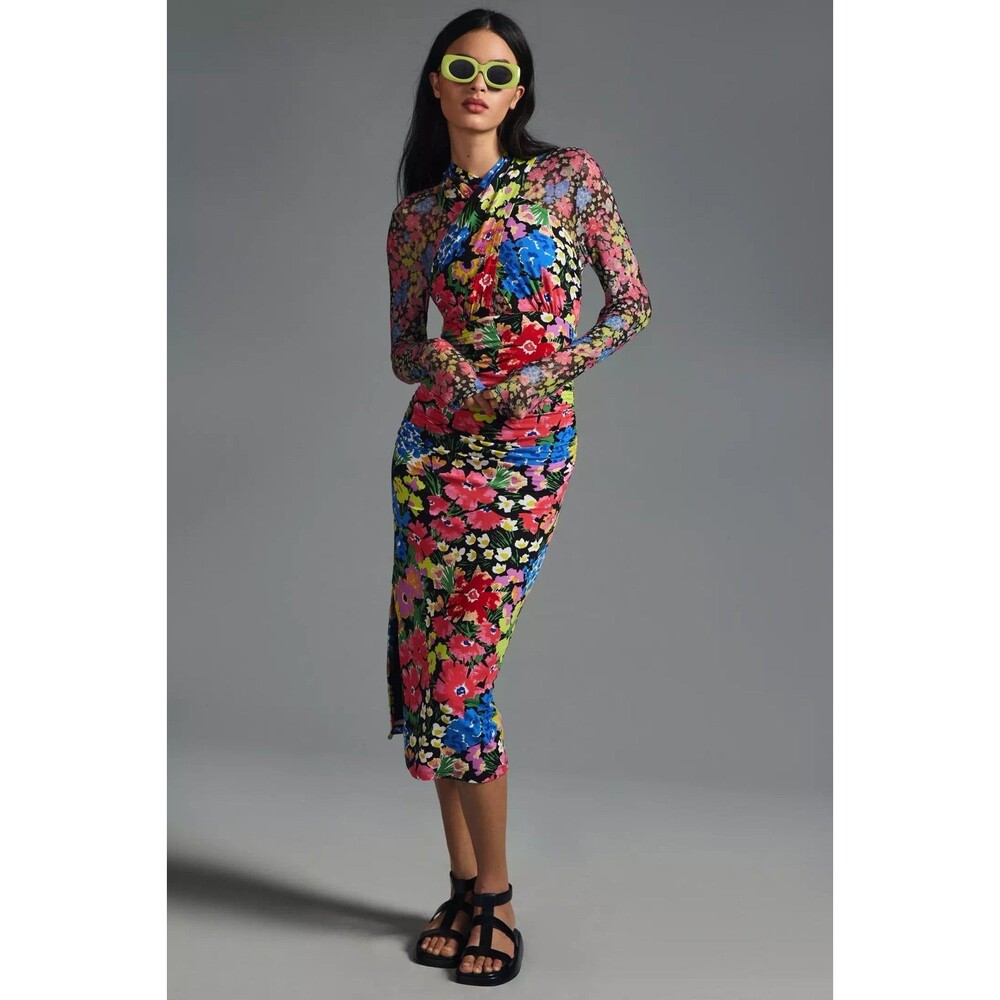Anthropologie Womens Floral Mesh Halter Mock-Neck Dress Small Chic Party Bodycon